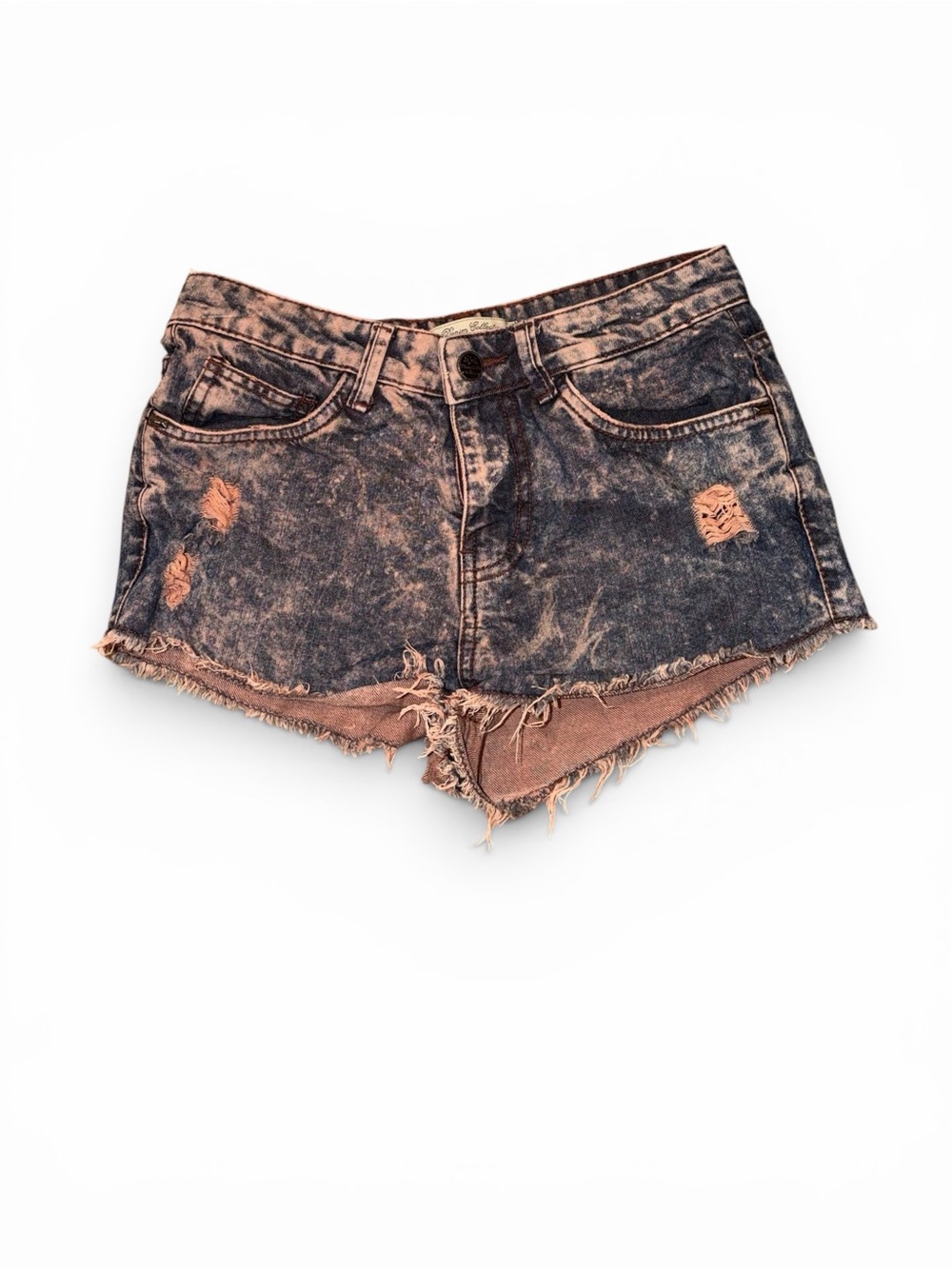 High-Rise Distressed Denim Shorts in Black & Tan Acid Wash